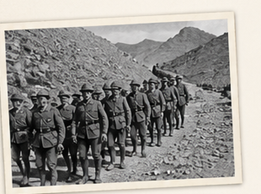 Historical style photograph of soldiers in mountain terrain