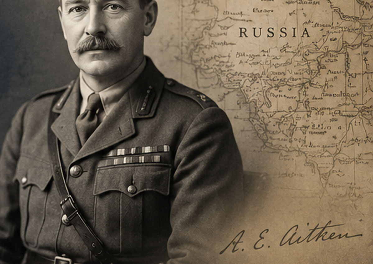 Vintage style artwork of a military officer with a map background